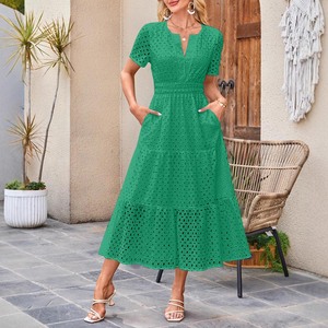 Vestido largo de manga corta de verano para mujer, vestido de moda con cuello en V, ojales huecos, dobladillo con volantes, vestido acampanado con bolsillos, vestidos de temperamento femenino - Product Image 5