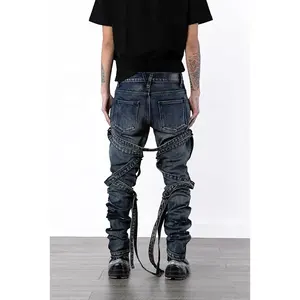 Jins ketat robek pabrik Cina grosir kustom dibuat kualitas tinggi ukuran besar celana Jeans pria baru bertumpuk untuk pria
