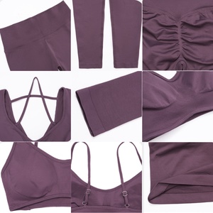 EnovStars Set Yoga Personalizzato 5 Pezzi Senza Cuciture da Donna: Reggiseno Sportivo, Top a Maniche Lunghe, Pantaloncini, Leggings e Top Corto con Effetto Scrunch Butt per Allenamento in <span class=keywords><strong>Palestra</strong></span> - Product Image 5