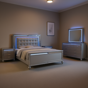 Ensemble de chambre à coucher Queen en argent Sterling Collection avec éclairage LED, design contemporain, style moderne, meubles de chambre à coucher - Product Image 2