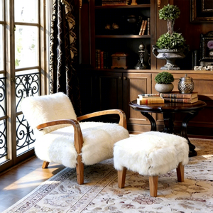 <span class=keywords><strong>Fauteuil</strong></span> d'appoint moderne <span class=keywords><strong>en</strong></span> <span class=keywords><strong>peau</strong></span> <span class=keywords><strong>de</strong></span> <span class=keywords><strong>mouton</strong></span> avec ottoman, structure <span class=keywords><strong>en</strong></span> bois massif, chaise longue <span class=keywords><strong>en</strong></span> laine pour salon et chambre à coucher - Product Image 1