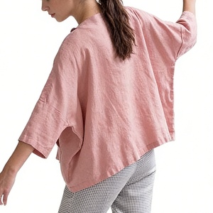 Blusa de Algodón para Mujer, Corte Holgado, Cuello Barco, Manga Murciélago 3/4, Camisa Casual con Textura Crepé, Top de Verano para Uso Diario y Vacaciones - Product Image 6