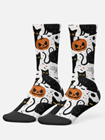 Lot de six paires de chaussettes en polyester à sublimation sur le thème d'Halloween, motif citrouille de dessin animé effrayant, chaussettes mi-mollet pour usage quotidien, prêtes à être expédiées
