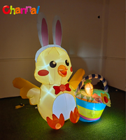 Ornement de jardin gonflable de Pâques : Poussin jaune avec serre-tête oreilles de lapin, panier de fleurs gonflable, carotte et lumière LED