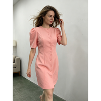 Robe rose à manches bouffantes avec col et boutons sur le devant, longueur genou, printemps-été pour femmes
