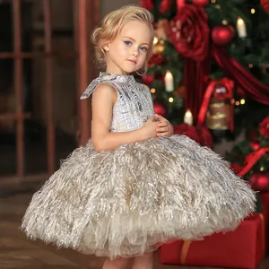 Princess Birthday Luxury Dresses Baby Girls Piano Performance Dinner Party Prom Gown Kids Feather Fashion Puffy Dresses
