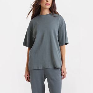 เสื้อยืดผู้หญิงผ้าฝ้ายแบบขายส่ง เสื้อยืดผู้หญิงไซส์ใหญ่แบบวาฟเฟิล ปักโลโก้ เสื้อยืดโอเวอร์ไซส์ผู้หญิง - Product Image 4