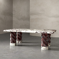 Table de salle à manger de luxe en marbre avec base Rosso Levanto, ensemble de 6 chaises, table en marbre