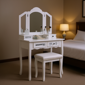 Table de maquillage moderne en bois blanc DB Sanlo avec miroir réglable et rangement pour chambre d'hôtel - Product Image 2
