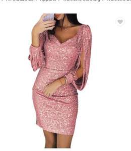 Abito 2022 alla moda da donna al ginocchio con nappine brillanti a collo a V a <span class=keywords><strong>manica</strong></span> lunga con tessuto a vita naturale e traspirante - Product Image 6