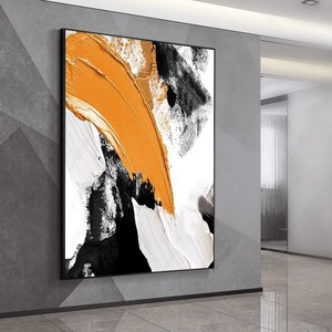 Pintura al óleo pintada a mano, arte abstracto en lienzo negro, blanco y naranja, decoración moderna enmarcada rectangular para sala de estar, pared de entrada - Product Image 3