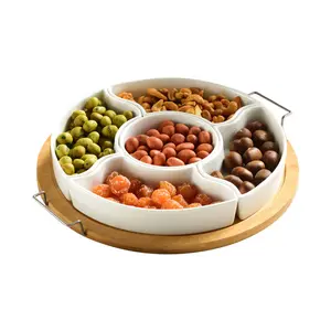 Factory Supply Bamboo Platter Tray with 5 Ceramic Dishes Set and Metal Handles for Candy and Nut, Chips and Dips