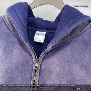 Custom 360gsm Thick <b>Fleece</b> <b>Zip</b> <b>Up</b> <b>Hoodie</b> Vintage Distressed Wash 8 Colors Unisex Streetwear - Product Image 3
