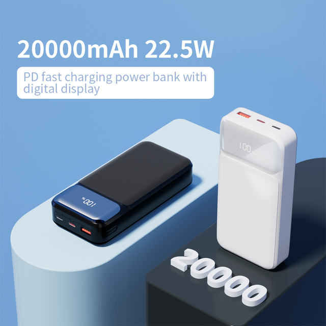 Portable 20000mAh Li-Polymer Battery Power Bank with Digital Display 22.5W PD Fast Charging for Outdoor Use