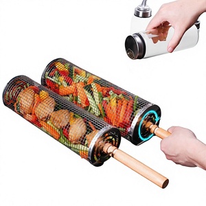 SeeMore Paniers de barbecue emboîtables 2 pièces en acier inoxydable 304 à long manche en bois amovible, portables et roulants - Product Image 3
