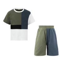 Trajes para Niños en Verde Oliva, Azul Marino, Blanco y Negro, Camiseta de Manga Corta con Paneles de Cuatro Colores, Pantalones Cortos Deportivos, para Niños Grandes, Verano
