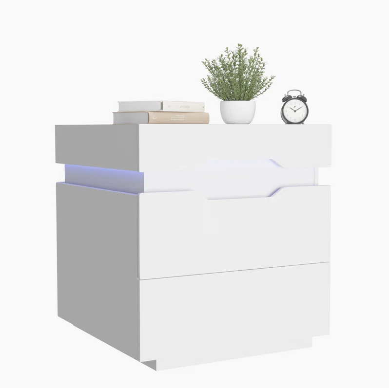 Popular Nightstand with Wireless Charging Station & LED Light & 2 Drawers Two Drawer Bedside Table for Bedroom Side/End Table