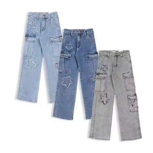 Jeans Retro Transpirables de Cintura Media con Múltiples Bolsillos para Niñas, Estilo Casual de Mezclilla con Corte Acampanado y Diseño Sólido, Pantalones Cargo para Niños - Product Image 1