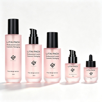 Ensemble d'emballages cosmétiques en verre rose givré avec flacon compte-gouttes, flacon pompe et pot vide rechargeable pour marque de soins de la peau avec boîte