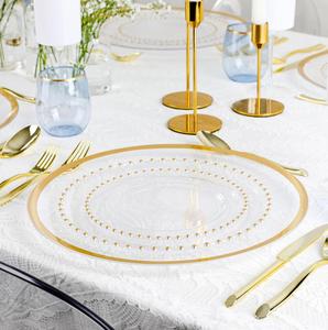 Clear <b>Plastic</b> Plates with Gold Beads 13 Inch White Round Charger Underplate Bulk Disposable Tableware for Event Rental - Product Image 4