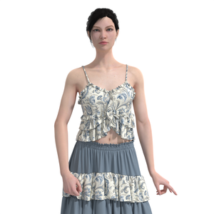 Vintage Breathable <strong>Blue</strong> Floral Ruched Crop <strong>Cami</strong> for Women Sleeveless Spaghetti Strap Summer Tank <strong>Top</strong> - Product Image 1