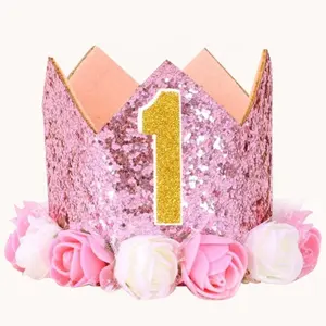 새로운 스타일 꽃 크라운 생일 모자 어린이 생일 파티 장식 케이크 모자 사진 소품 머리 착용 스팽글 모자