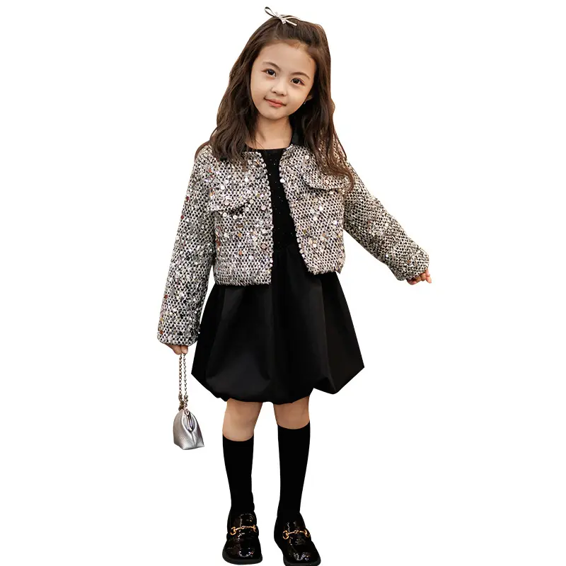 New arrival toddler girls long sleeve Sequin jacket + pod skirt 2pcs outfit clothing set for kids