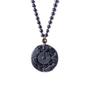 Liontin Tai Chi Lima Elemen dengan naga Obsidian alami Phoenix Yin Yang Delapan Diagram kalung rantai untuk pertunangan pria