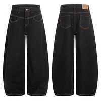Jeans amples à jambe large pour hommes, en denim noir foncé brut avec surpiqûres contrastantes orange, vente en gros, personnalisation de marque privée disponible
