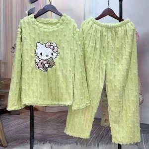 Abbigliamento da notte <span class=keywords><strong>autunno</strong></span> inverno <span class=keywords><strong>donna</strong></span> <span class=keywords><strong>pigiama</strong></span> in flanella corallo KT gatto dolce cartone animato graziosi vestiti per la casa elastico in vita anteriore ispessito - Product Image 6