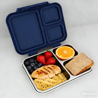 Boîte à bento mignonne avec 3 compartiments, petite poignée intégrée, fermeture hermétique, en plastique, compatible micro-ondes, écologique, pliable