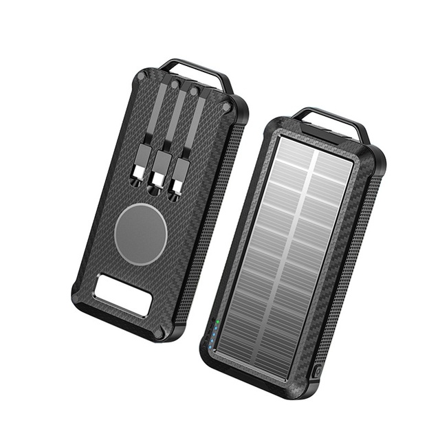 Solar Power Bank 10000mAh Built in 4 Cables Portable Charger with USB C In/Output Flashlight Wireless Charging Battery Pack