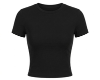 T-shirt court noir côtelé à col rond et coupe ajustée pour femme, manches courtes, style urbain décontracté pour le quotidien