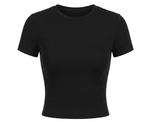 Top Corto Nero a Collo Alto, Aderente, Manica Corta, in Maglia a Costine per Donna, Stile Urbano Casual - Product Image 3
