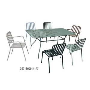 Modern 7 Pieces Patio Dining Set Metal Outdoor Furniture for 6 Persons Iron Dining Table & Chairs Set Garden Set Green Color TBA