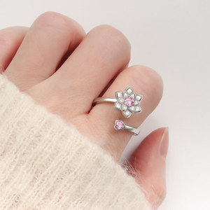 Dainty Flower Anxiety <b>Spin</b> <b>Ring</b> Open Adjustable Pink Cubic Zirconia Copper Rhodium Plated Lotus Flower Rotating Base Jewelry - Product Image 2