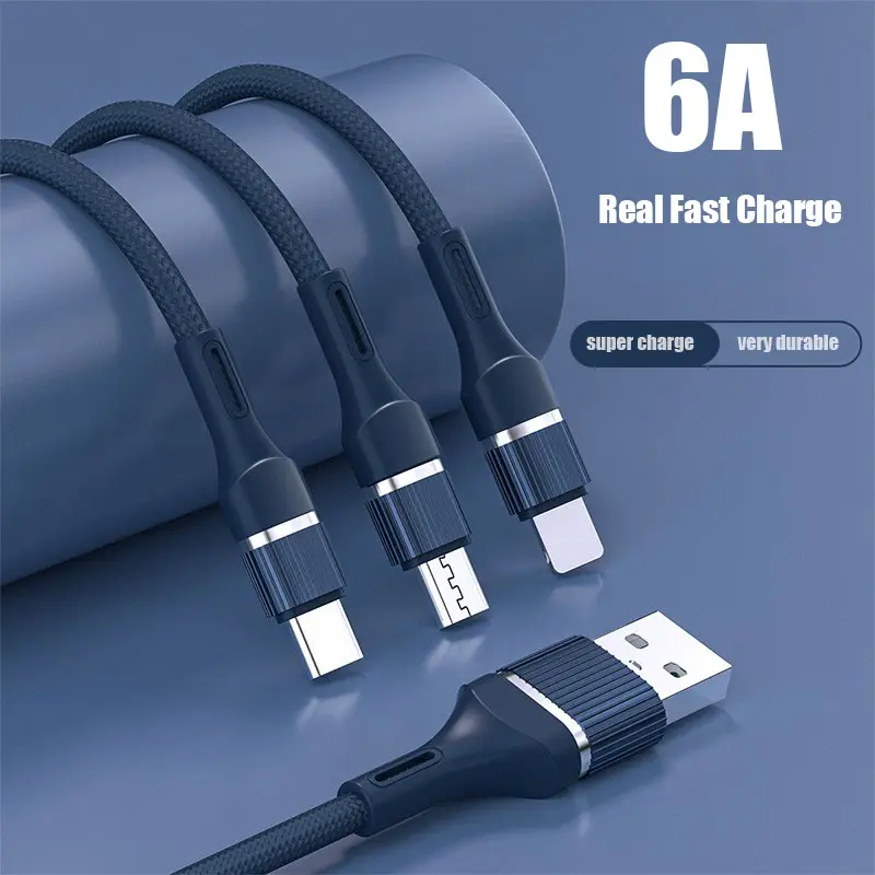 2022 New Super Charge 6A 100W Fast Charging Huawei Type C Cable 3 in 1 USB Cable Quick Charge for iPhone Xiaomi Vivo