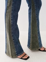 Jeans évasés à taille haute pour femmes, bleu foncé, avec empiècements contrastés sur les côtés, lavage vintage, denim élastique, style rétro décontracté