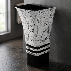 WC monobloc en céramique imprimé sur mesure, suite de salle de bain de luxe blanc et noir, cuvette de toilette à poser au sol - Product Image 3
