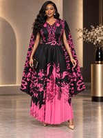 Nouvelle Arrivée Robe de Soirée Plissée Miyaki Grande Taille Maxi Col V Manches Cape Imprimé Floral Ceinture Perlée Élégante Vente en Gros pour Femme