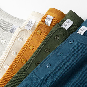 Camiseta <span class=keywords><strong>Henley</strong></span> de Manga Larga para <span class=keywords><strong>Hombre</strong></span>, Estilo Vintage, Color Caqui, Tejido Waffle, 100% Algodón, Estilo Americano, Corte Holgado, Tejido de Punto, Talla Grande - Product Image 2