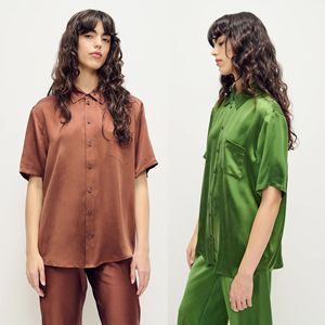 Chemise à manches courtes en satin crêpe lourd délavé style français minimaliste pour femme, sensation de luxe - Product Image 4
