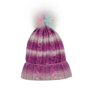 Kids Girl New Style OEM Customize Fancy Full Colourful Striped Checked Pom Pom Beanie With Golden Silk Stread Knitted Hat