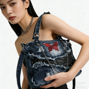 Bolso Tote de Mezclilla Desgastada Estilo Y2K con Bordado de Mariposa Roja y Remaches Punk, Bolso Bandolera Vintage Lavado <span class=keywords><strong>para</strong></span> <span class=keywords><strong>Mujer</strong></span> - Product Image 5