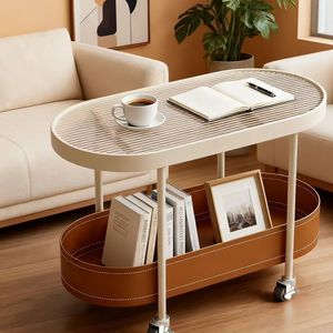 Mesa de Centro Ovalada Color Crema con Bandeja de Almacenamiento de Cuero, Mesa Auxiliar Móvil con Ruedas para Sala de Estar - Product Image 1