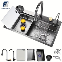 Évier de cuisine rectangulaire noir multifonctionnel en acier inoxydable moderne à double trou pour installation sous plan, style cascade