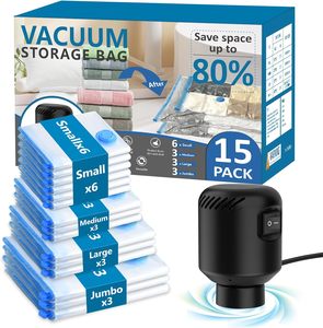 Lot de 15 sacs <span class=keywords><strong>sous</strong></span> <span class=keywords><strong>vide</strong></span> avec pompe à air électrique, économiseur d'espace pour vêtements, oreillers (3 jumbo/3 grands/3 moyens/6 petits) - Product Image 1