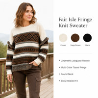 Pull en tricot à col rond pour femmes, coupe ample, motif géométrique Fair Isle avec détails à franges, pour tenues décontractées d'automne et d'hiver