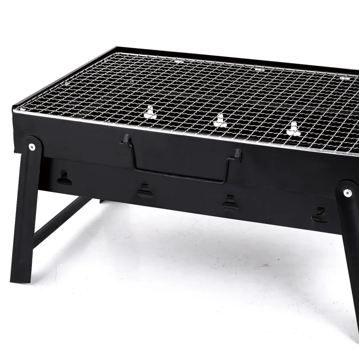 Small black steel The legs of the grill can be folded There are two planks in the grill