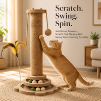 Griffoir pour chat en papier de jute, Colonne romaine, Centre d'activités, Plateau tournant, Boule suspendue, Baguette à ressort, Base robuste en MDF, OEM